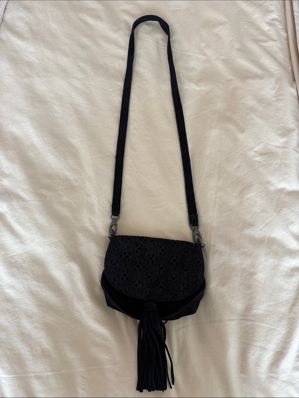 Black Suede Crossbody Bag with Tassel